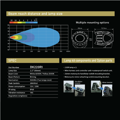 PIAA 220R Dual Beam LED White 6000K + Yellow 2500K ( 2.2") Dual Colour Driving Beam Kit (Product Of Japan)