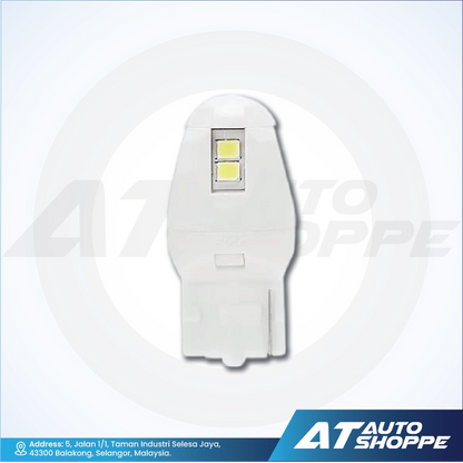 Car LED light bulb on a white background with AT Auto Shoppe branding.