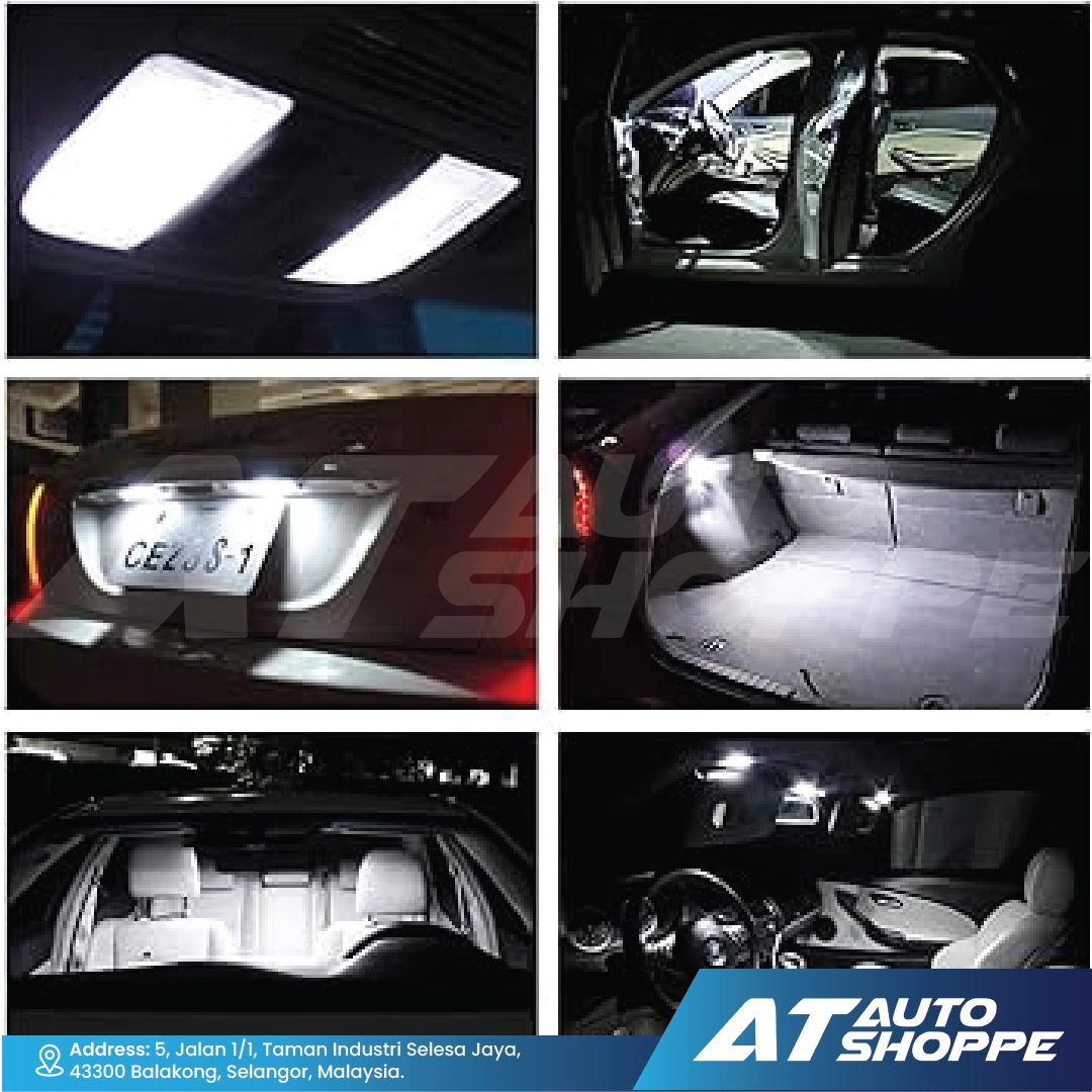 Collage of car interior lights in action with AT Auto Shoppe branding.