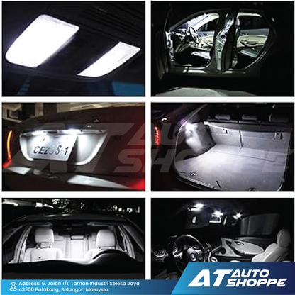 Collage of car interior lights in action with AT Auto Shoppe branding.
