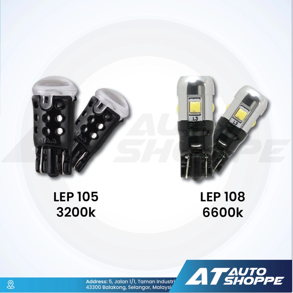 Two sets of LED car bulbs labeled LEP 105 and LEP 108 with color temperatures on a white background.