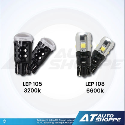 Two sets of LED car bulbs labeled LEP 105 and LEP 108 with color temperatures on a white background.