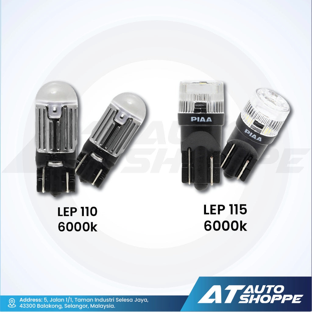 Two sets of car bulbs labeled LEP 110 and LEP 115 with PIAA branding on a white background.