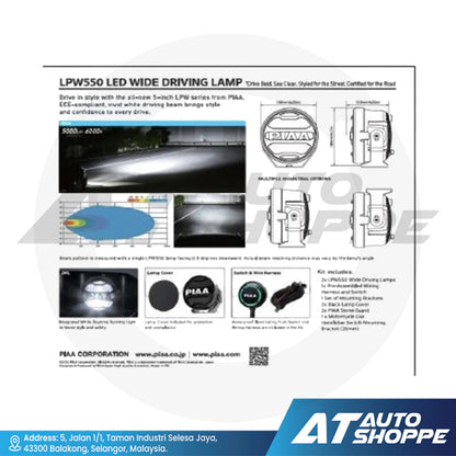 Advertisement for LPW550 LED wide driving lamp with technical details and branding.