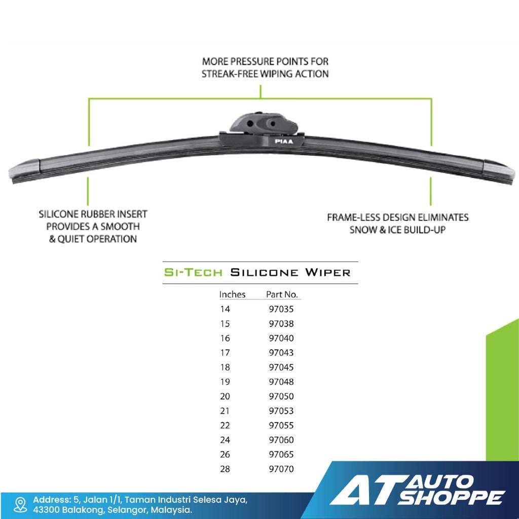 Si-Tech silicone wiper with features and dimensions on a white background, branded with AT Auto Shoppe.