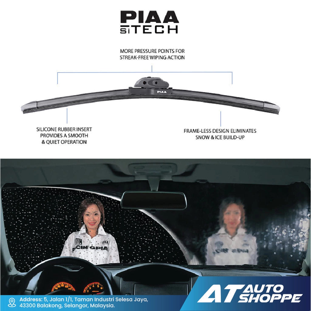 PIAA Sitech wiper blade with features and an image of a car interior with a woman.