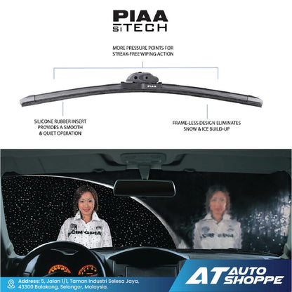 PIAA Sitech wiper blade with features and an image of a car interior with a woman.