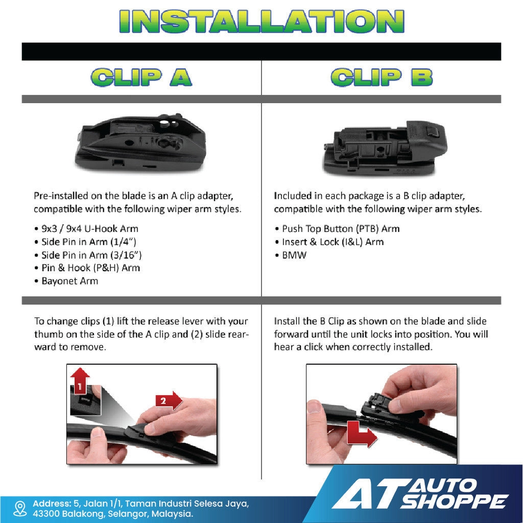 Wiper blade installation guide with clip A and clip B options, featuring text and diagrams.