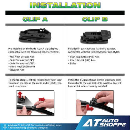 Wiper blade installation guide with clip A and clip B options, featuring text and diagrams.