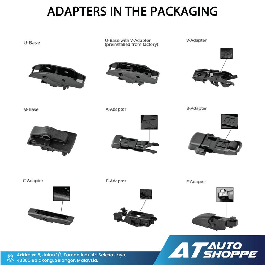 Diagram of various adapters with labels and AT Auto Shoppe branding.