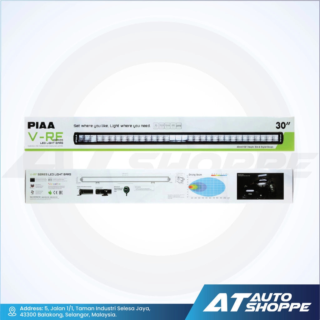 Piaa V-RE LED light bar packaging on a white background with AT Auto Shoppe branding.