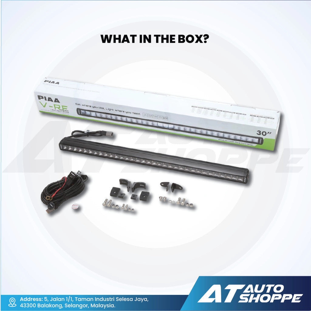PIAA V-RE LED light bar with accessories on a white background, featuring AT Auto Shoppe branding.