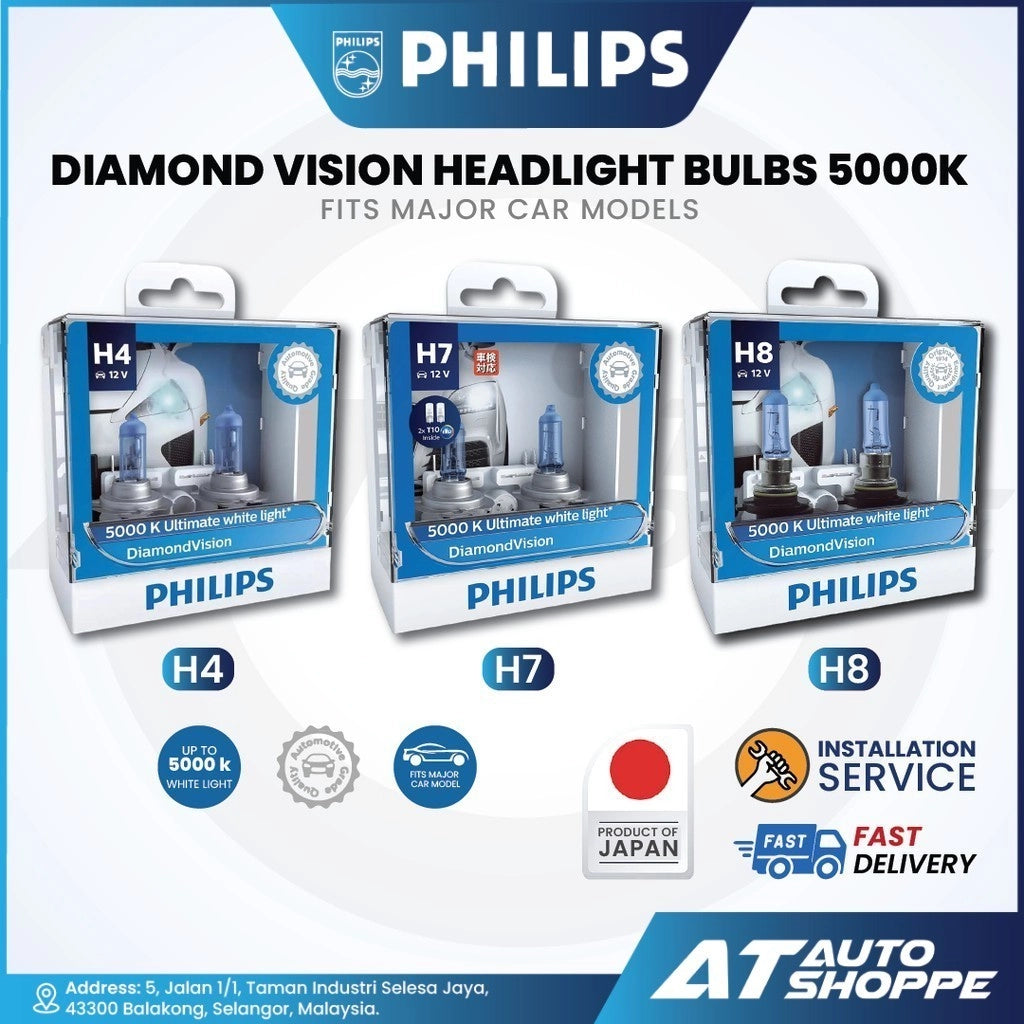 Philips Diamond Vision headlight bulbs packaging with product details on a white background