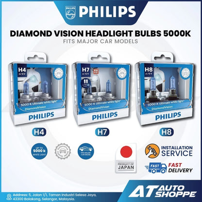 Philips Diamond Vision headlight bulbs packaging with product details on a white background