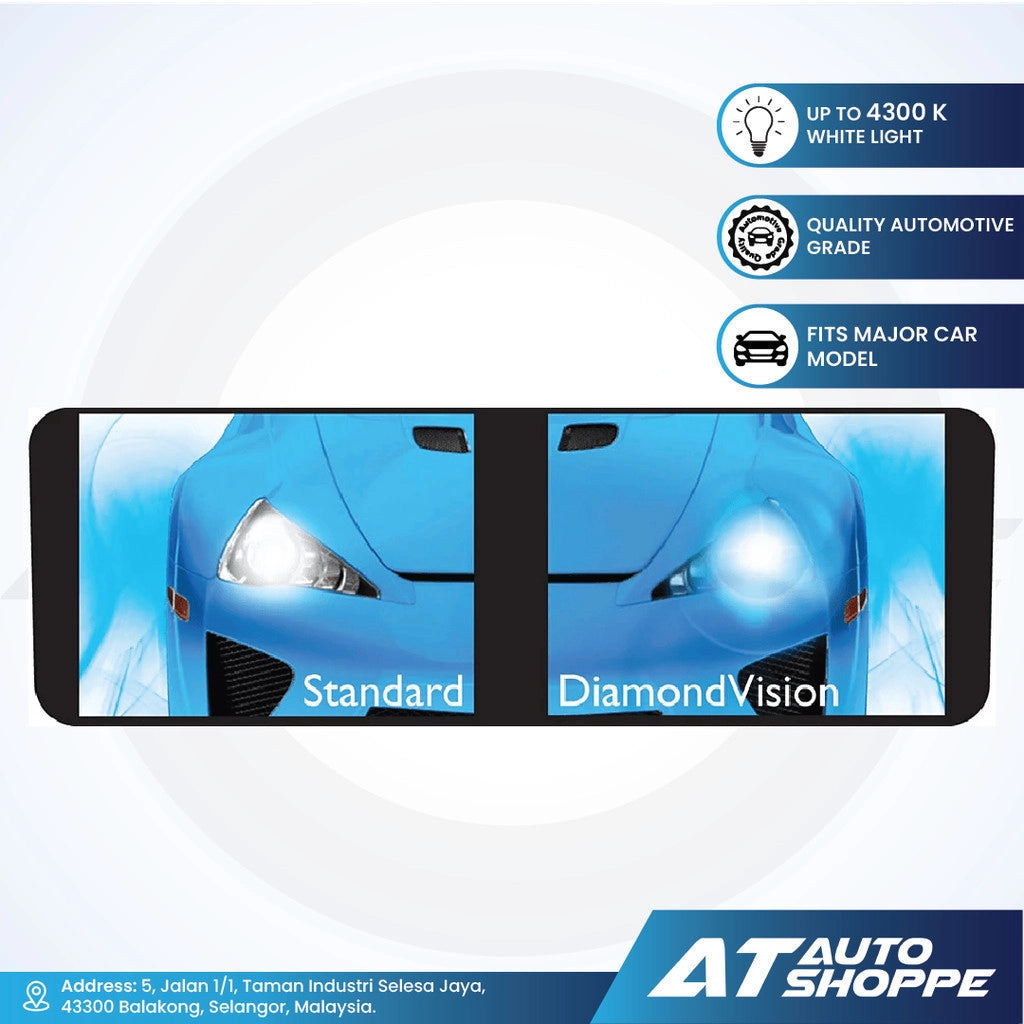 Car headlight comparison between Standard and Diamond Vision with AT Auto Shoppe branding.