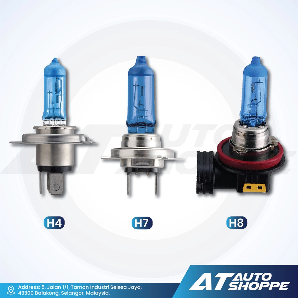Three automotive light bulbs with 'H4', 'H7', and 'H8' designations on a white background, featuring the AT Auto Shoppe brand.