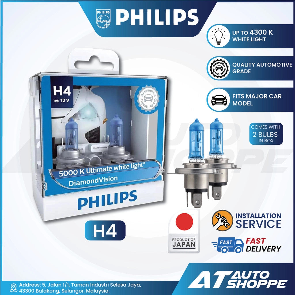 Philips H4 car bulb packaging with product details on a white background