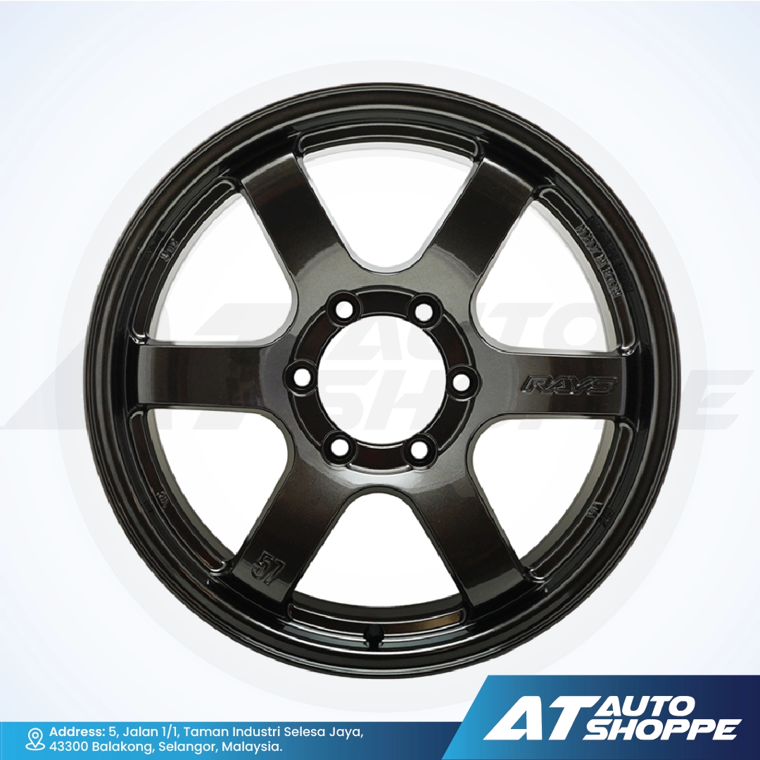 Black alloy wheel with 'RAYS' branding on a white background, featuring AT Auto Shoppe logo.