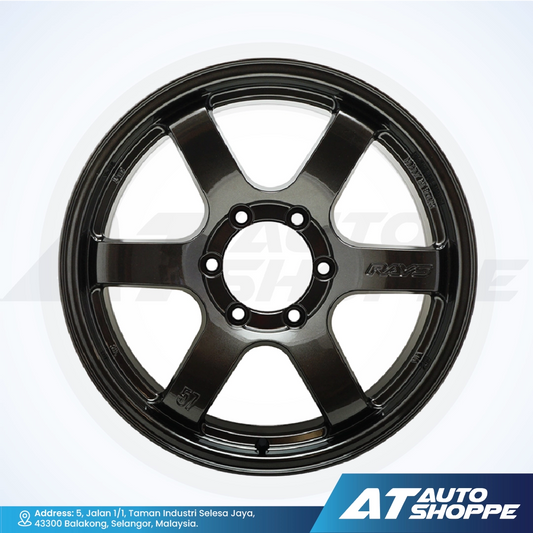 Black alloy wheel with 'RAYS' branding on a white background, featuring AT Auto Shoppe logo.