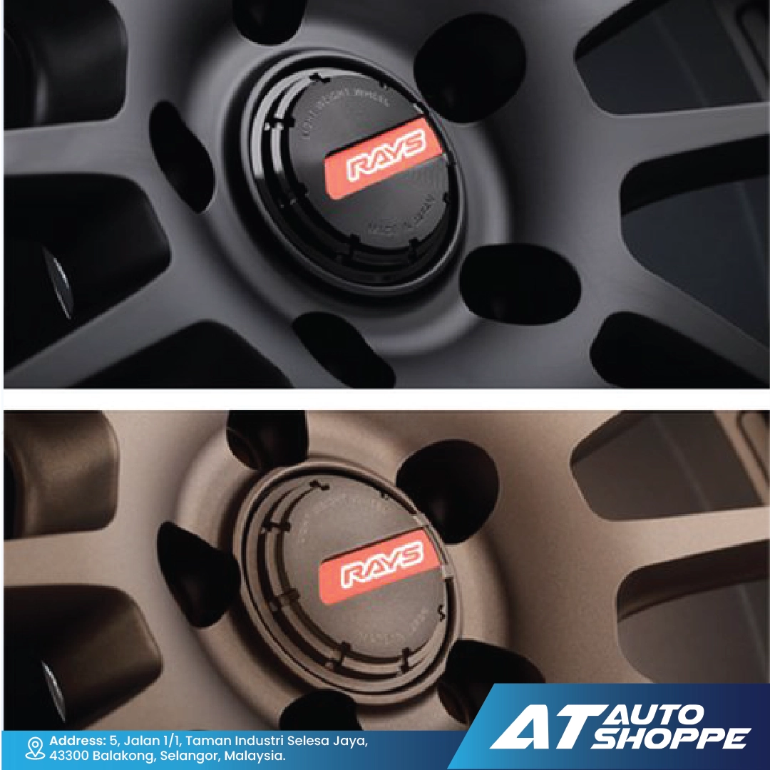 Close-up of car wheels with 'RAYS' logo, featuring different wheel designs.