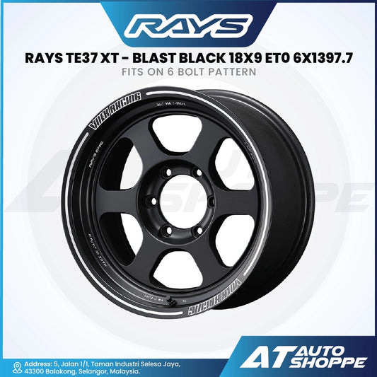 Black Rays TE37 XT wheel with product details on a white background
