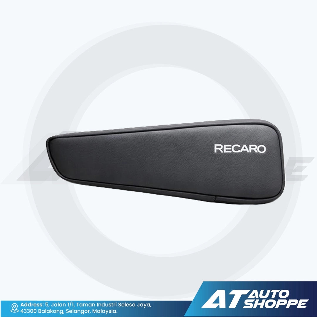 Black RECARO armrest on a white background with AT Auto Shoppe branding.
