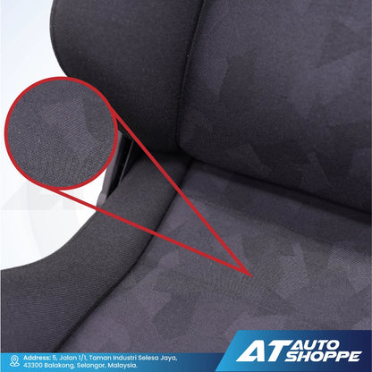 Close-up of a Recaro car seat with a textured pattern and AT Auto Shoppe branding.
