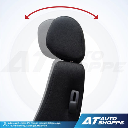 Recaro car headrest with a red arrow indicating movement on a white background, featuring AT Auto Shoppe branding.