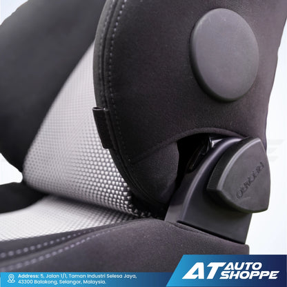 Close-up of a Recaro car seat with a visible brand logo on a white background
