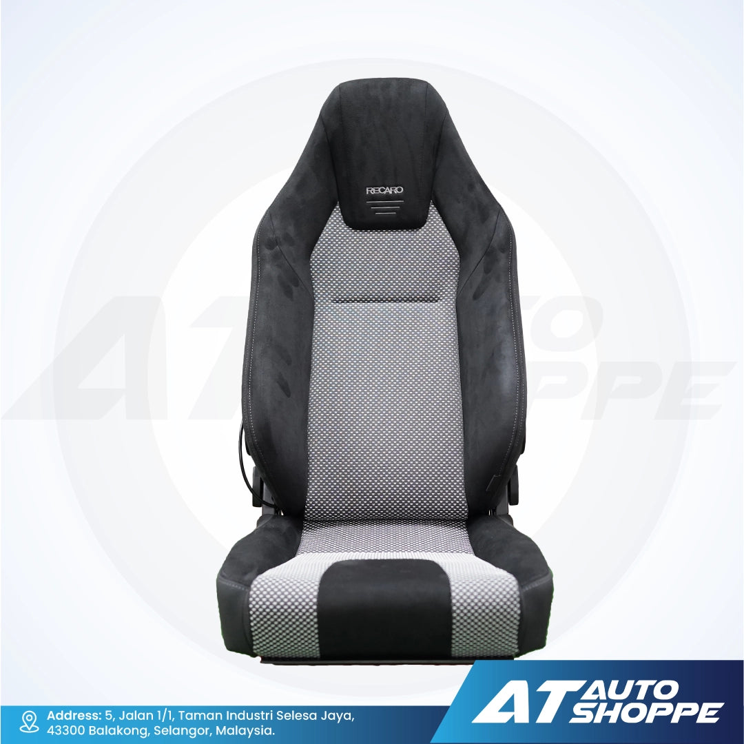 Recaro grey and black car seat cover with 'AT Auto Shoppe' branding on a white background