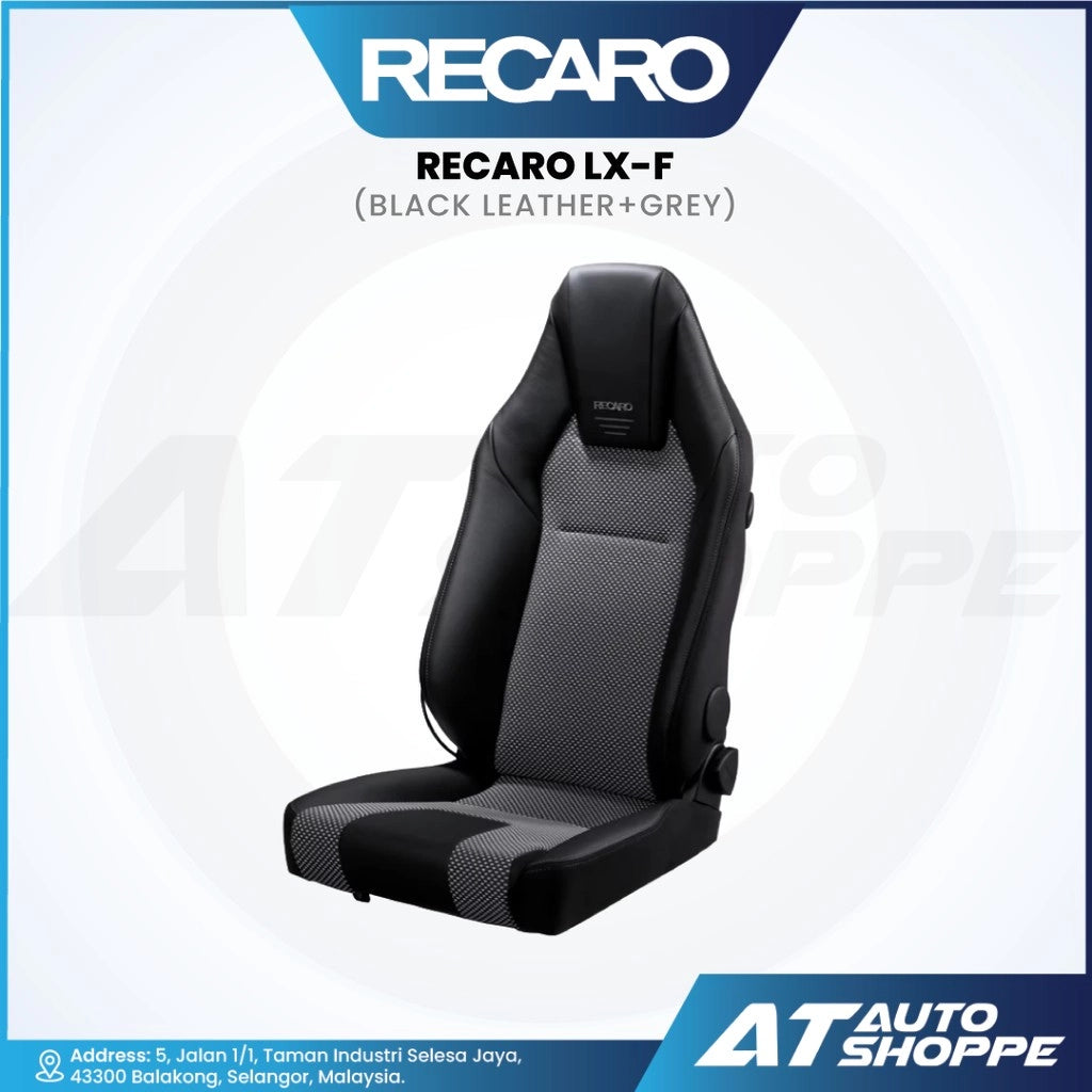 RecaroLX-F car seat in black leather and grey fabric on a white background with Recaro branding.