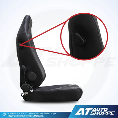 Recaro black car seat with a close-up of a button, on a white background with AT Auto Shoppe branding.
