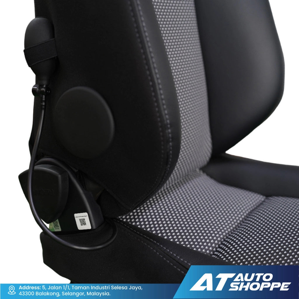 Recaro black car seat with cup holder and headrest on a white background, featuring AT Auto Shoppe branding.