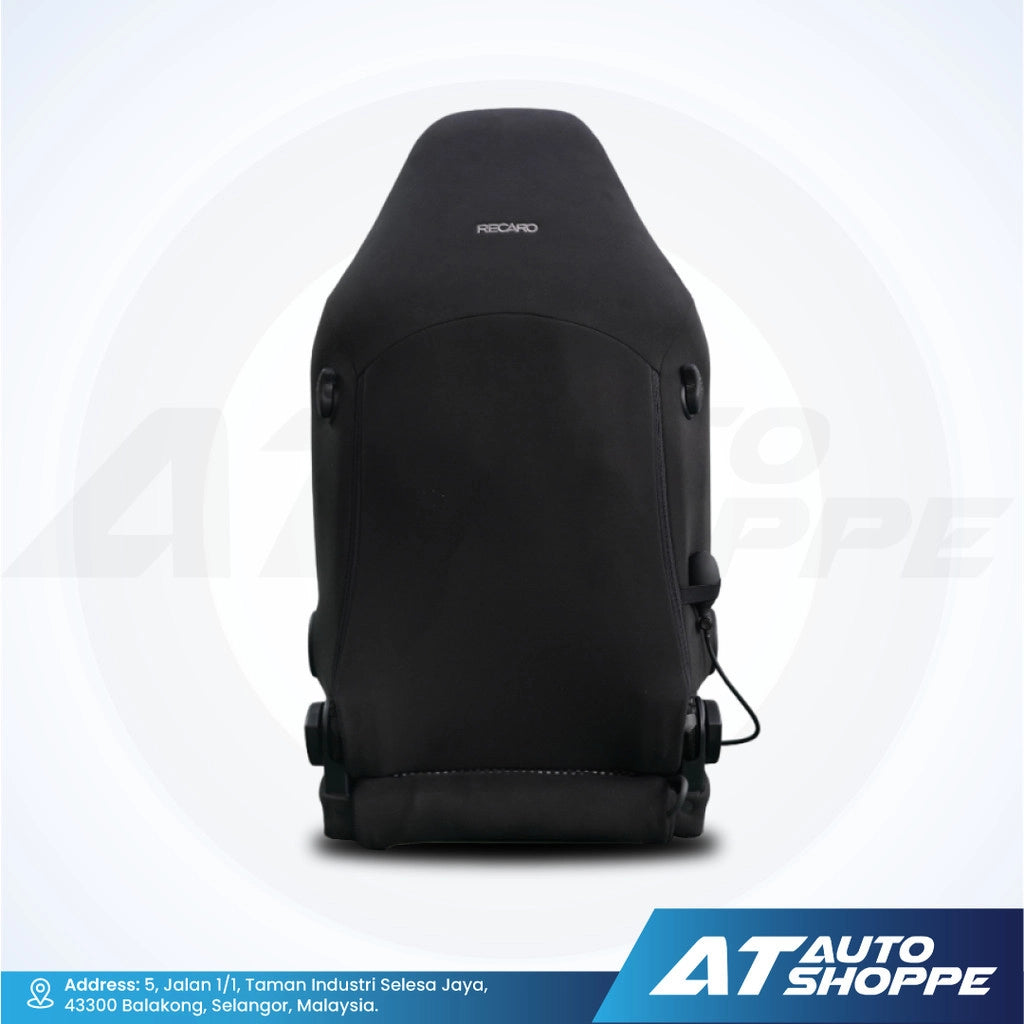Recaro black car seat cover with Recaro branding on a white background, featuring AT Auto Shoppe logo.
