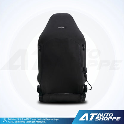 Recaro black car seat cover with Recaro branding on a white background, featuring AT Auto Shoppe logo.