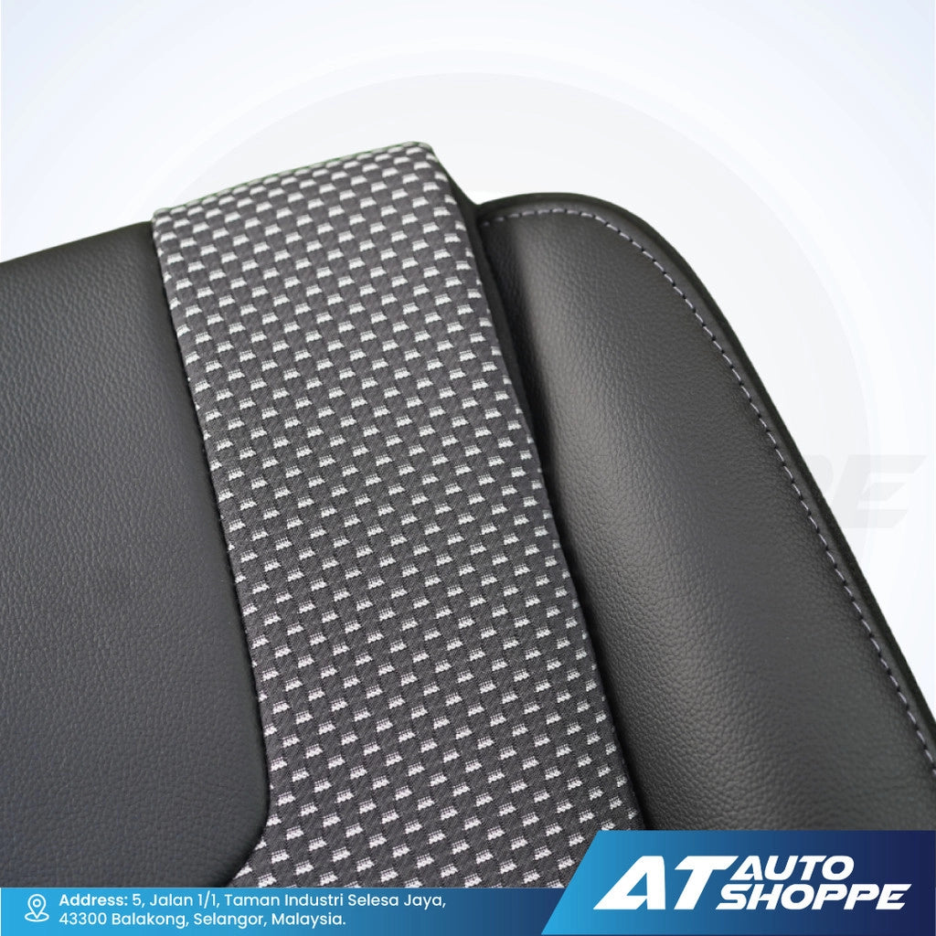 Recaro car seat cover with carbon fiber pattern on a white background, featuring AT Auto Shoppe branding.