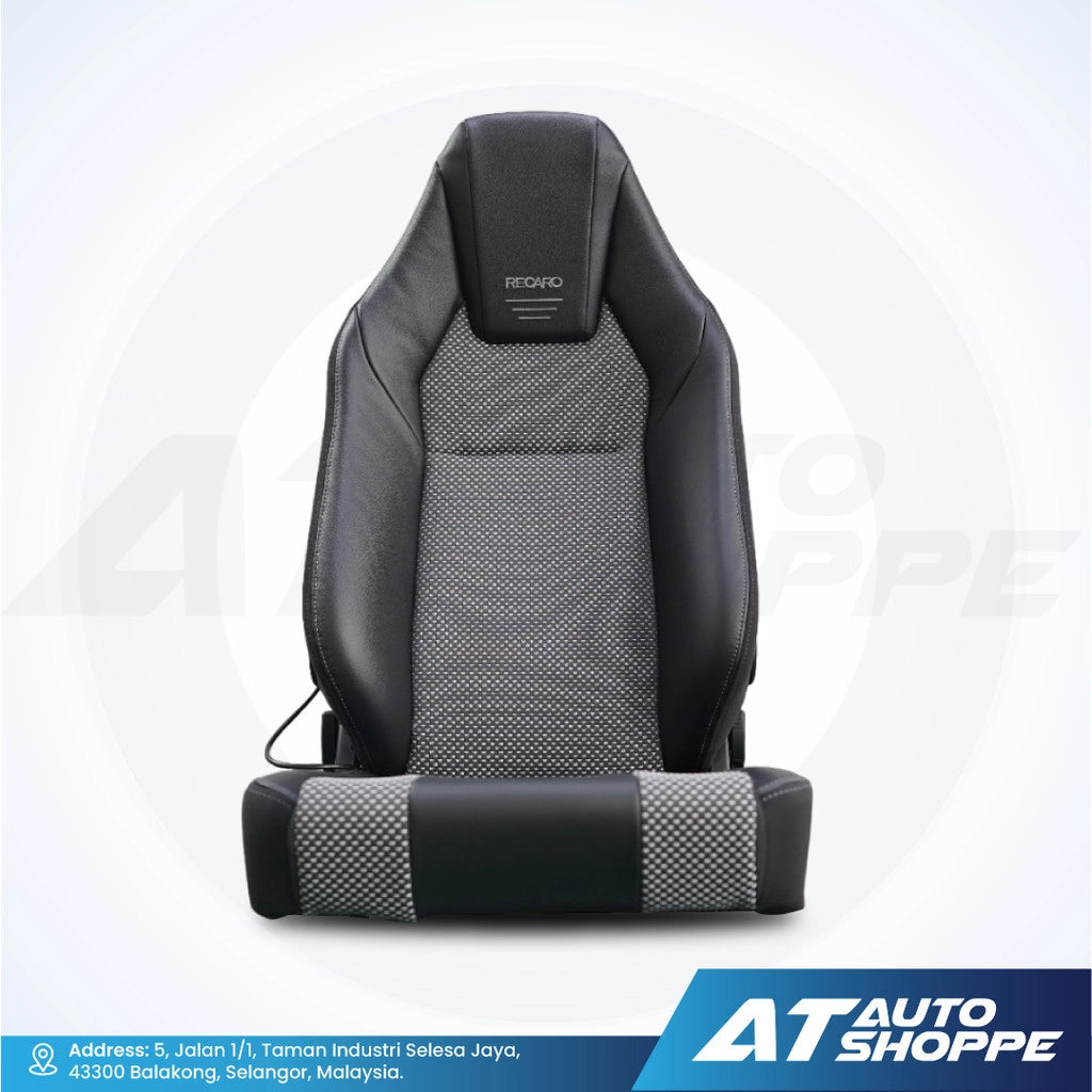Recaro grey and black car seat cover with  branding on a white background, featuring AT Auto Shoppe logo.