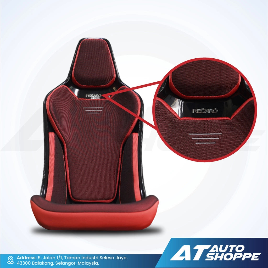 Recaro red and black car seat cover with detailed view and AT Auto Shoppe branding.