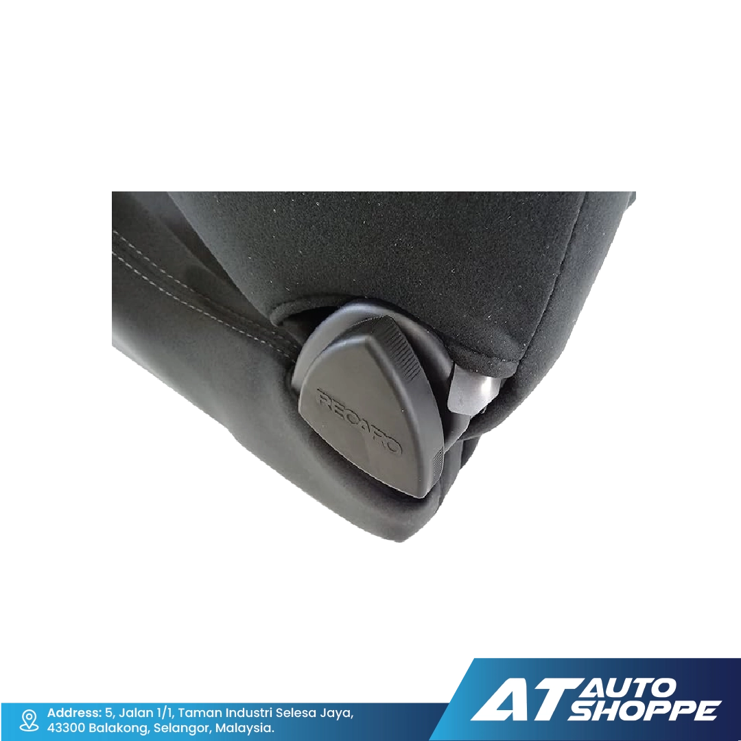 Car seat belt buckle with Recaro branding on a white background.