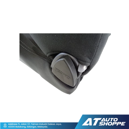 Car seat belt buckle with Recaro branding on a white background.