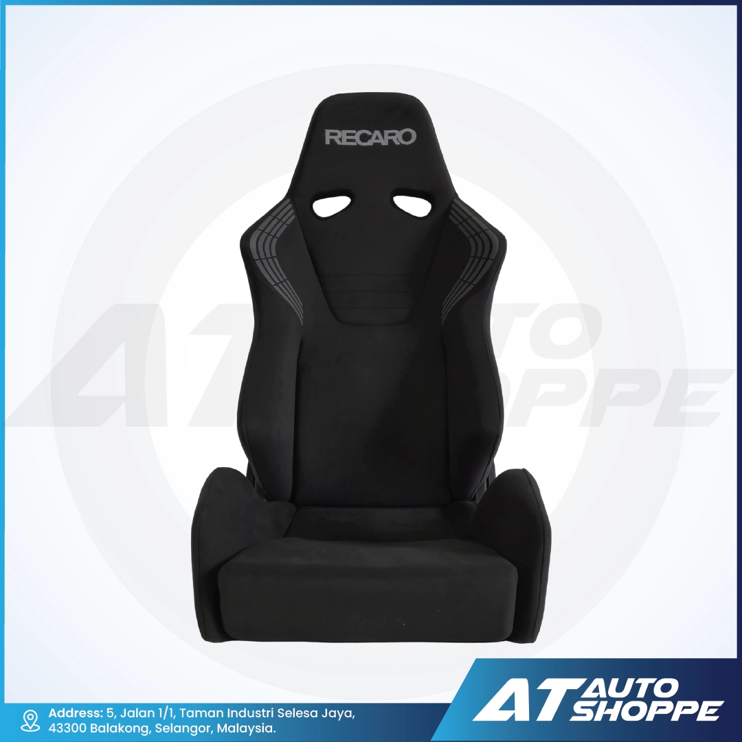 Black car seat with Recaro branding on a white background, featuring AT Auto Shoppe logo.