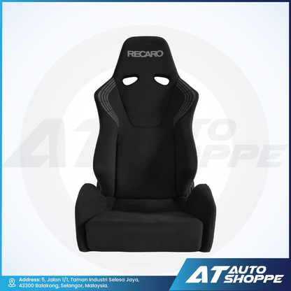 Black car seat with Recaro branding on a white background, featuring AT Auto Shoppe logo.