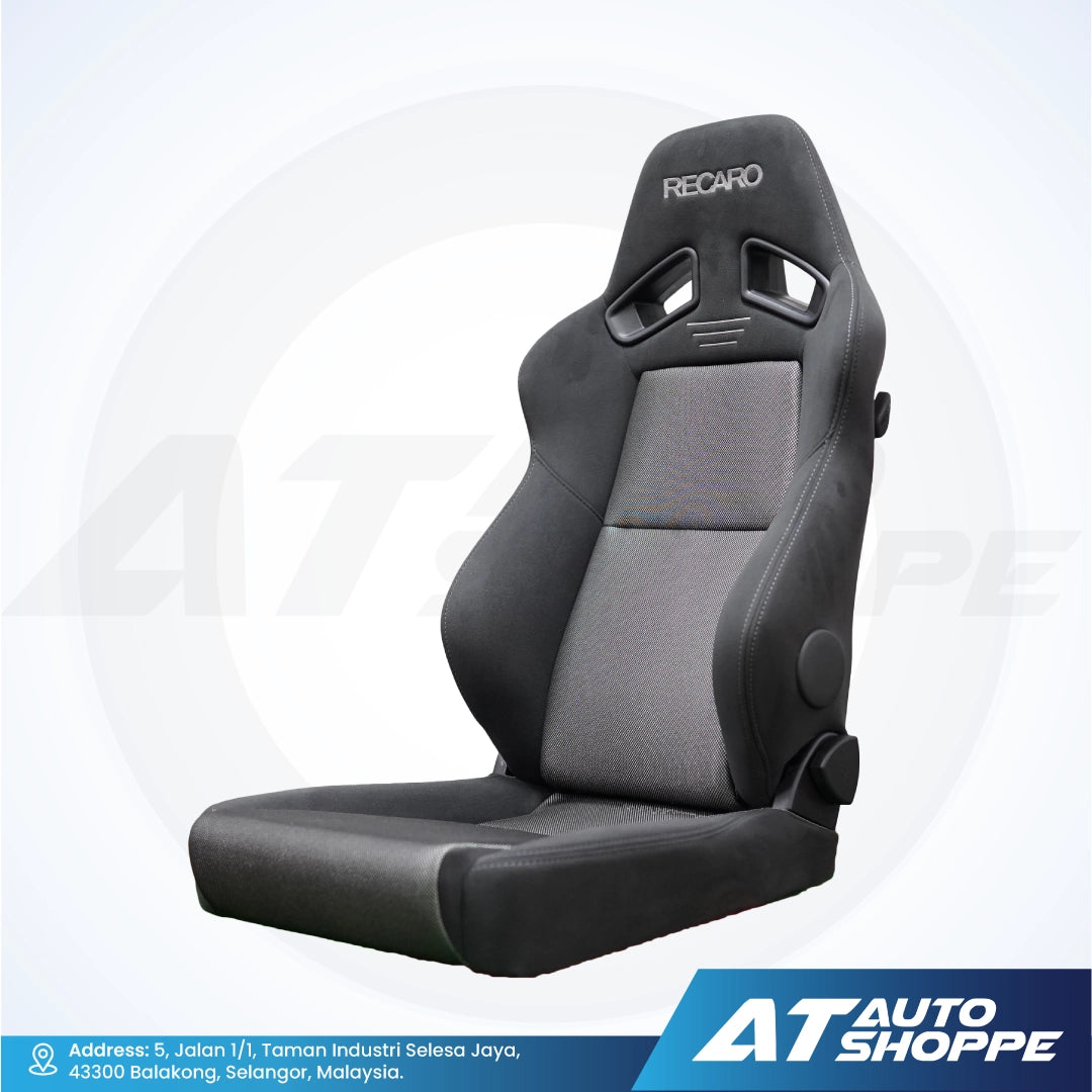 Black car seat with Recaro branding on a white background