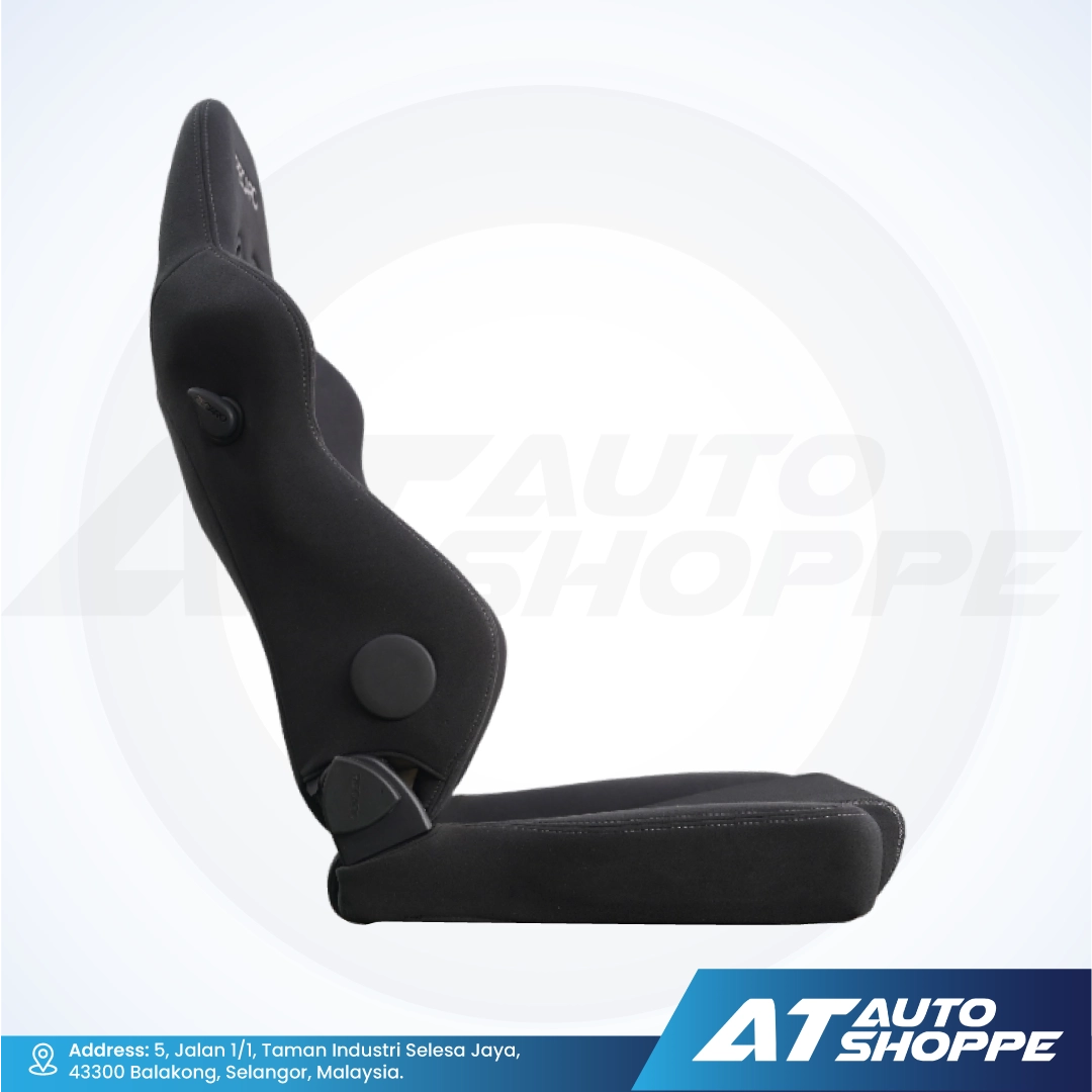 Recaro black car seat on a white background with AT Auto Shoppe branding.
