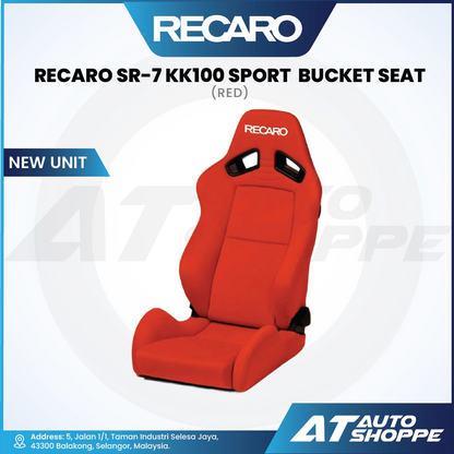 Red Recaro SR-7 KK100 sport bucket seat on a white background with Recaro branding.