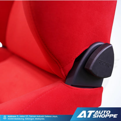 Recaro red car seat with a black strap and AT Auto Shoppe branding.