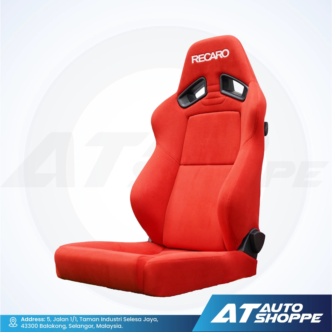 Red car seat with Recaro branding on a white background, featuring AT Auto Shoppe logo.