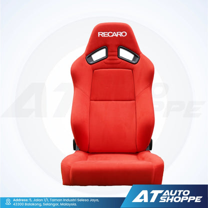 Red Recaro car seat on a white background with AT Auto Shoppe branding.