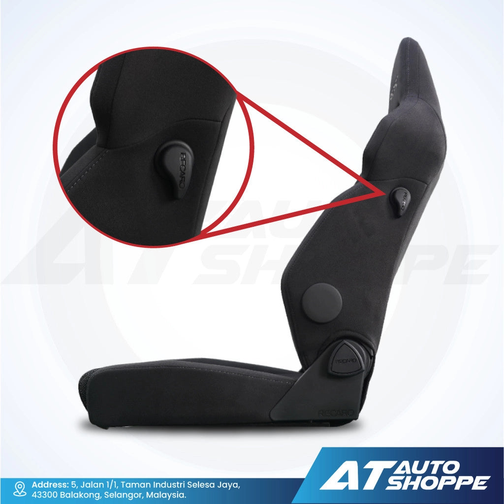 Recaro black car seat with detailed view of headrest on a white background.