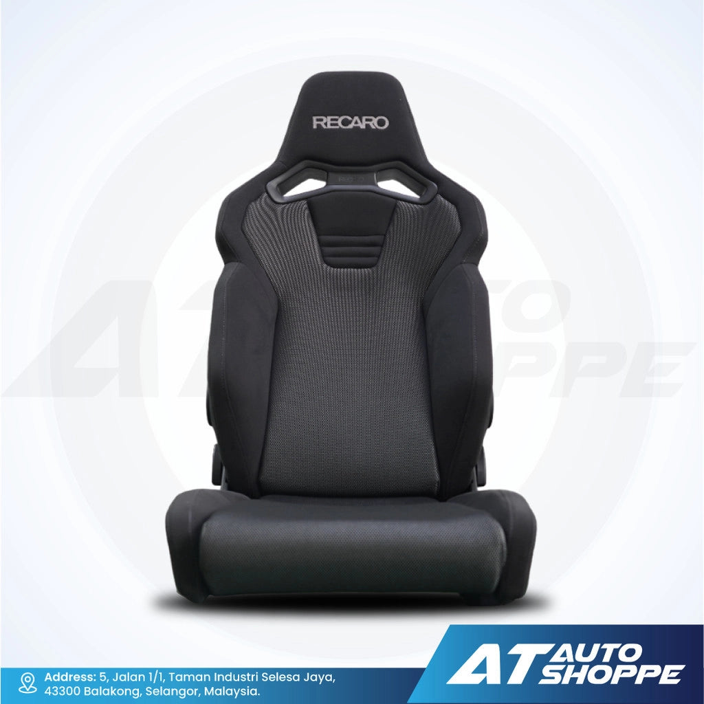 Black Recaro car seat on a white background with AT Auto Shoppe branding.